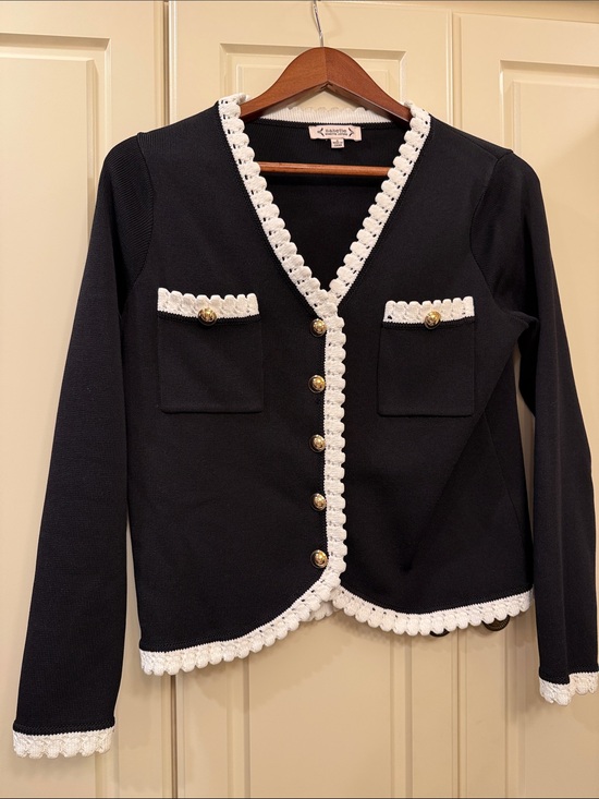 Nanette Lepore Sweaters - Nanette Lepore Black Cardigan with White Scalloped Trim